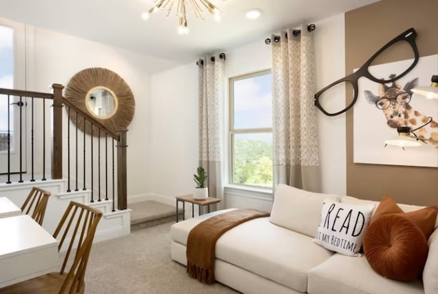 6204 Bower Well Rd, Austin, TX 78738 - sitting room with carpet flooring, stairway, and a chandelier