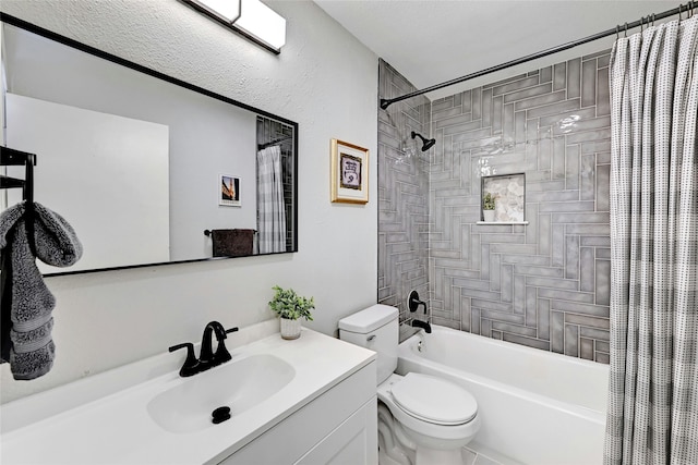 full bathroom with toilet, vanity, and shower / bathtub combination with curtain