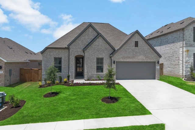 305 Five Mile Creek Way, Kyle, TX 78640 - french country style house with driveway, a garage, a shingled roof, and brick siding