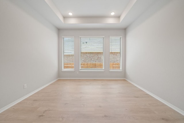 305 Five Mile Creek Way, Kyle, TX 78640 - spare room featuring light wood-style flooring, a raised ceiling, baseboards, and recessed lighting