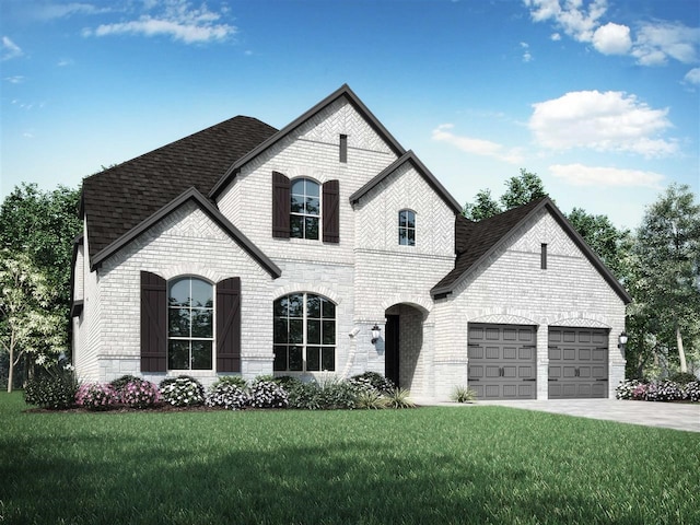 french country style house featuring a garage and a front yard