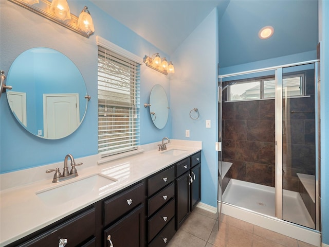 bathroom with vanity, tile patterned floors, and an enclosed shower