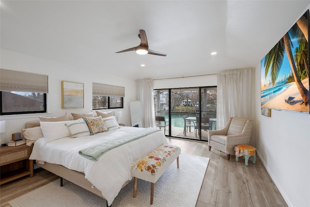 150 Turtle Ln, Seguin, TX 78155 - bedroom featuring access to exterior, light wood-type flooring, recessed lighting, and ceiling fan