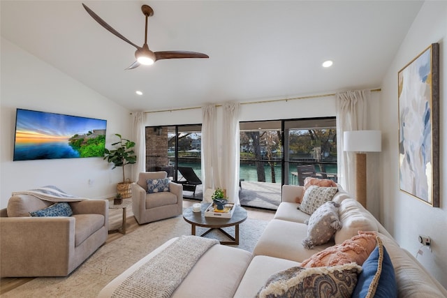 150 Turtle Ln, Seguin, TX 78155 - living area with lofted ceiling, plenty of natural light, a ceiling fan, wood finished floors, and recessed lighting