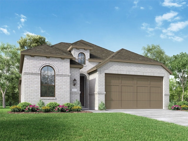 french country style house featuring a front lawn and a garage