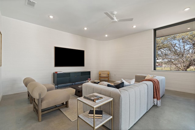 living room featuring ceiling fan