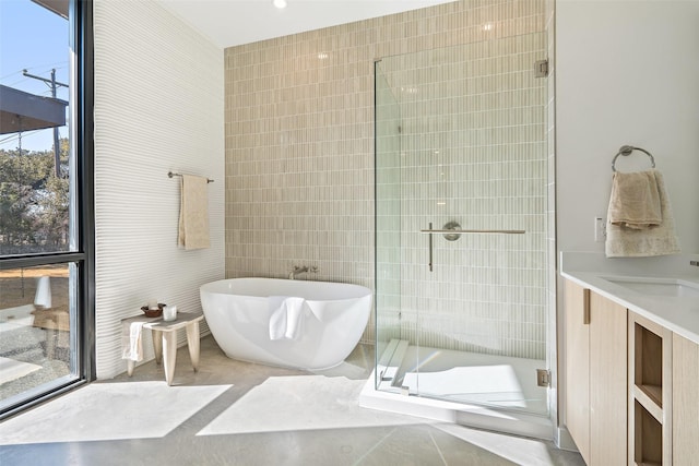 bathroom with tile walls, vanity, and separate shower and tub