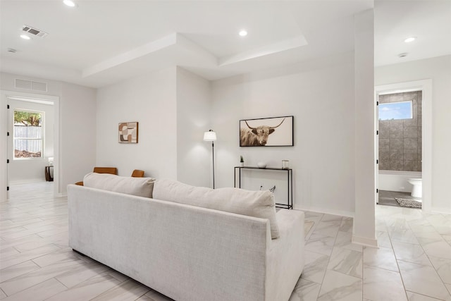 living room with a tray ceiling