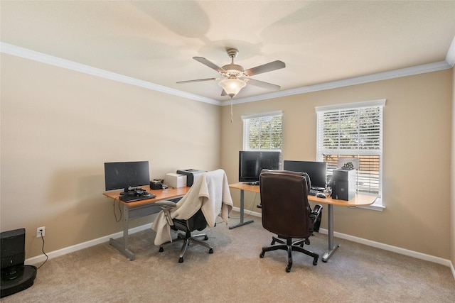 office with ornamental molding, light carpet, and ceiling fan