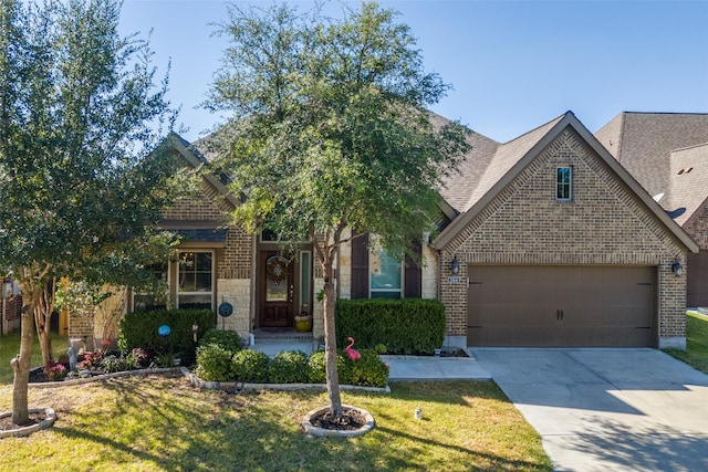 view of front of property featuring a garage and a front lawn