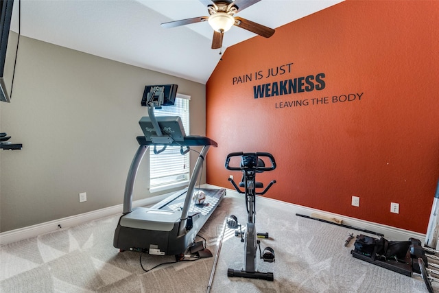 workout area featuring vaulted ceiling, ceiling fan, and carpet floors