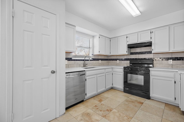 kitchen with stainless steel dishwasher, white cabinets, sink, and black gas range