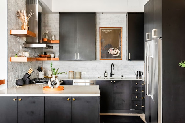 kitchen featuring decorative backsplash, sink, wall chimney range hood, and stainless steel appliances