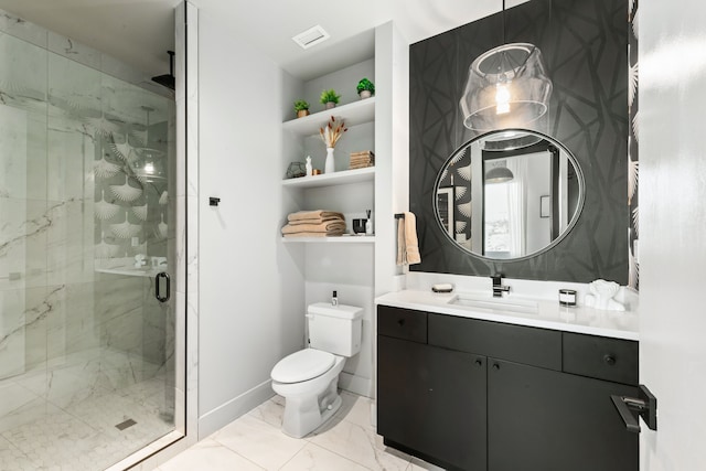 bathroom with a shower with shower door, toilet, and vanity