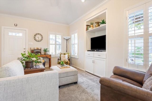 carpeted living room with crown molding and a healthy amount of sunlight