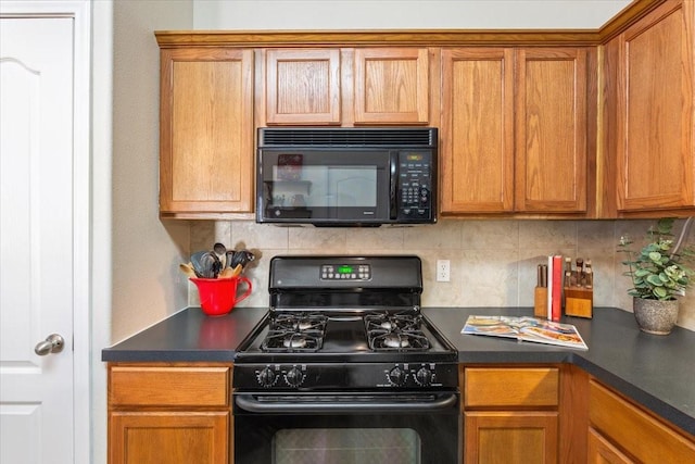 kitchen featuring tasteful backsplash and black appliances