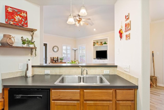 kitchen featuring light hardwood / wood-style floors, black dishwasher, built in features, ornamental molding, and sink