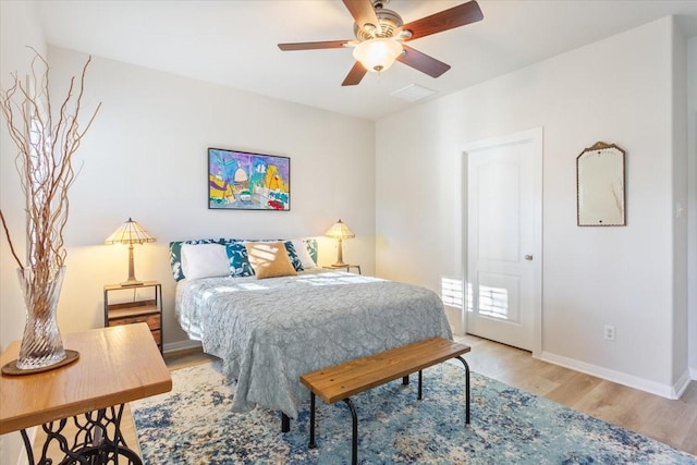 bedroom featuring ceiling fan and light hardwood / wood-style floors