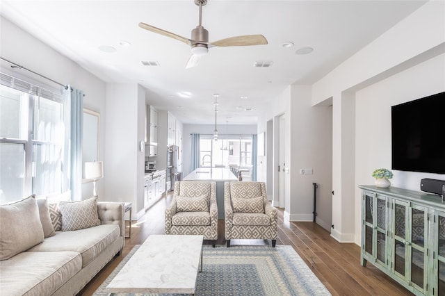 living room with sink, ceiling fan, and wood-type flooring