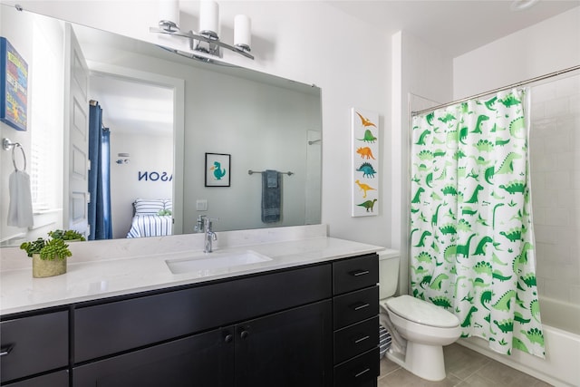 bathroom with shower / tub combo, tile patterned flooring, vanity, and toilet