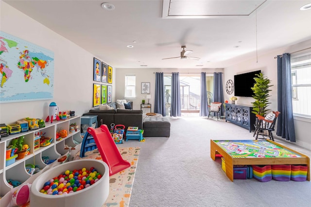 playroom featuring carpet floors, attic access, a ceiling fan, and recessed lighting