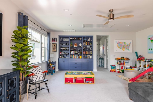 recreation room featuring light carpet, attic access, visible vents, ceiling fan, and recessed lighting