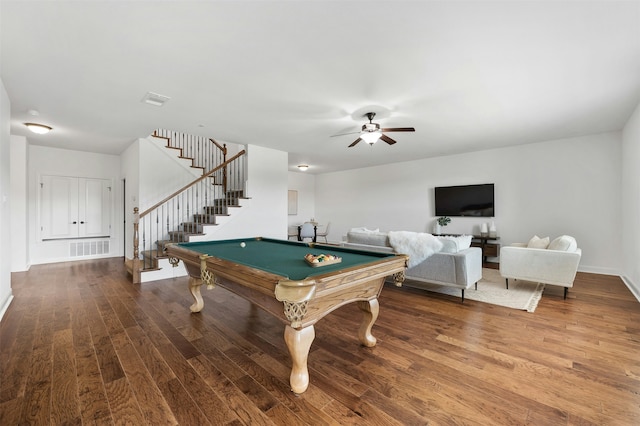 game room with hardwood / wood-style flooring, pool table, and ceiling fan