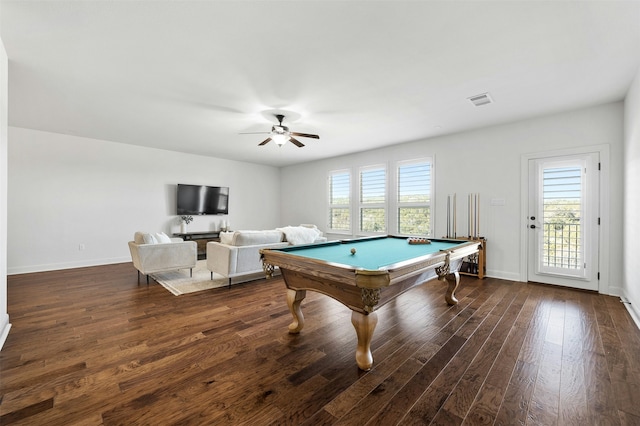 rec room featuring dark wood-type flooring, ceiling fan, and pool table