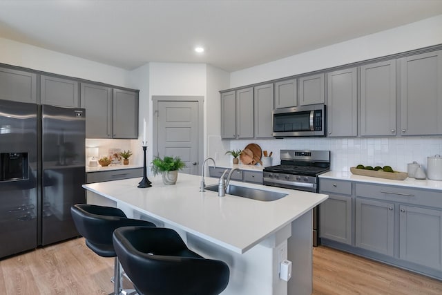 kitchen with sink, gray cabinetry, appliances with stainless steel finishes, a kitchen island with sink, and decorative backsplash