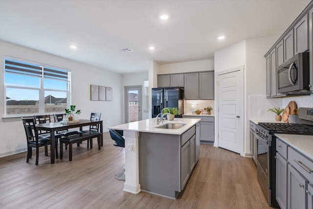 kitchen with sink, stainless steel appliances, tasteful backsplash, a center island with sink, and light wood-type flooring