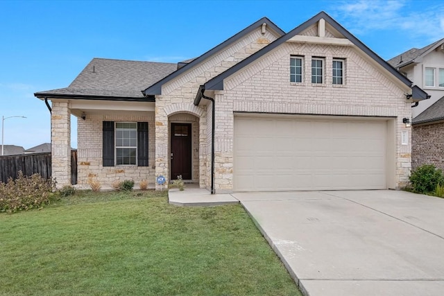 14117 Mcarthur Dr, Manor, TX 78653 - french country style house featuring driveway, roof with shingles, stone siding, and an attached garage