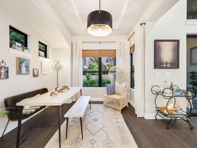 office area featuring a raised ceiling and hardwood / wood-style floors