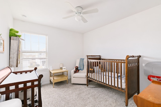 bedroom featuring carpet flooring, ceiling fan, and baseboards