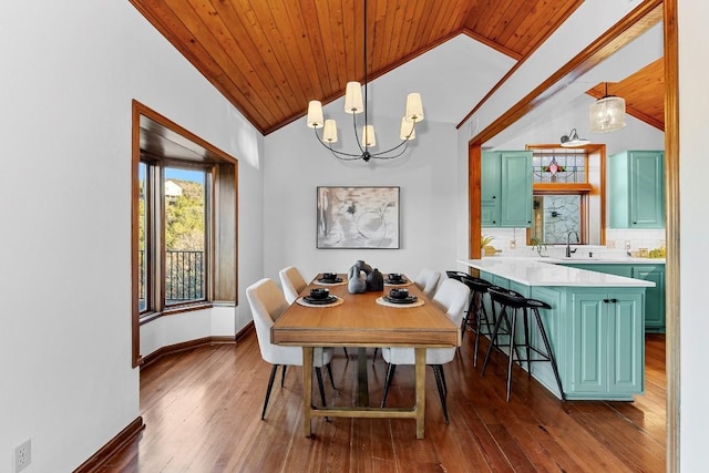 112 Center Cove Iii Loop, Spicewood, TX 78669 - dining room featuring lofted ceiling, wood ceiling, a chandelier, and hardwood / wood-style floors