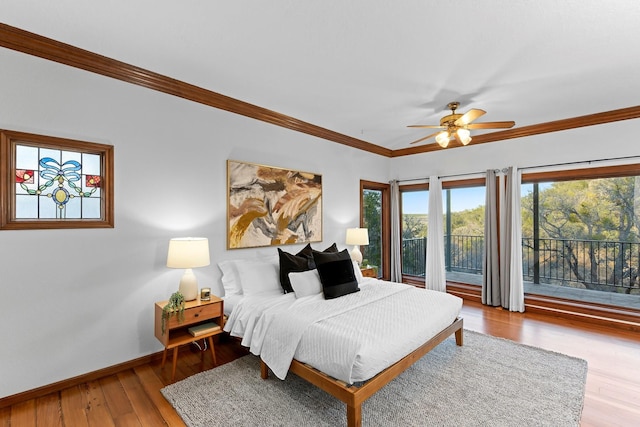 bedroom with ceiling fan, light wood-type flooring, access to exterior, and ornamental molding