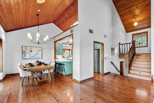 112 Center Cove Iii Loop, Spicewood, TX 78669 - dining area with wooden ceiling, a chandelier, hardwood / wood-style floors, high vaulted ceiling, and stairway