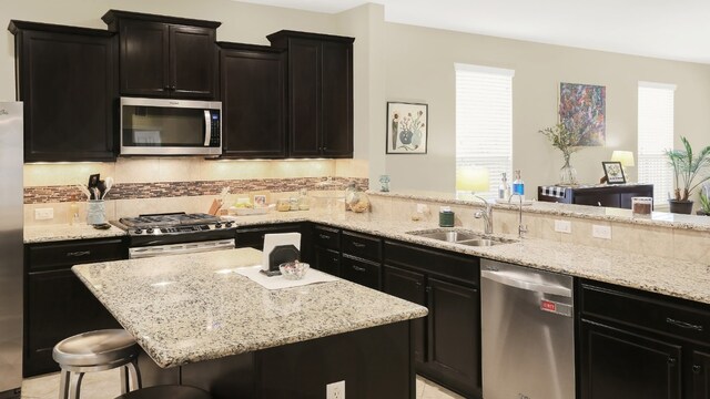 kitchen with appliances with stainless steel finishes, dark cabinetry, a sink, and tasteful backsplash