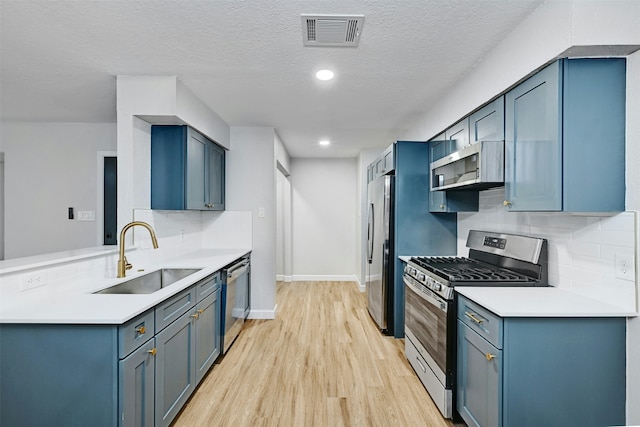 kitchen with sink, stainless steel appliances, a textured ceiling, and backsplash