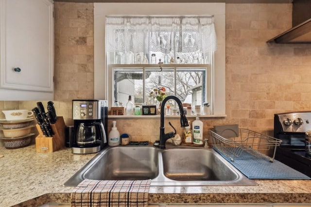 details featuring sink and wall chimney range hood