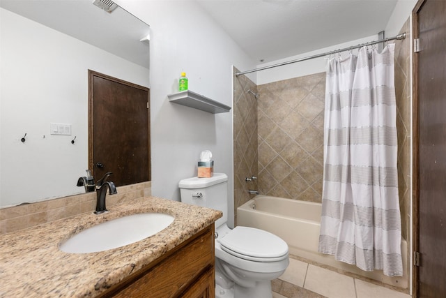 full bathroom featuring toilet, vanity, shower / tub combo, and tile patterned flooring