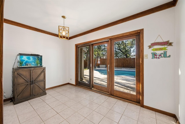 entryway featuring ornamental molding and light tile patterned flooring