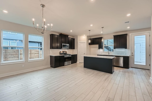 kitchen featuring decorative light fixtures, a kitchen island, backsplash, and appliances with stainless steel finishes