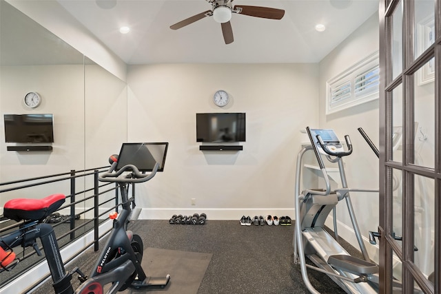 workout room featuring ceiling fan