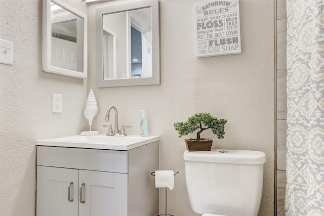 bathroom featuring toilet, vanity, a shower with curtain, and a textured wall