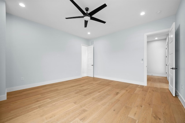 unfurnished bedroom with light wood-type flooring and ceiling fan