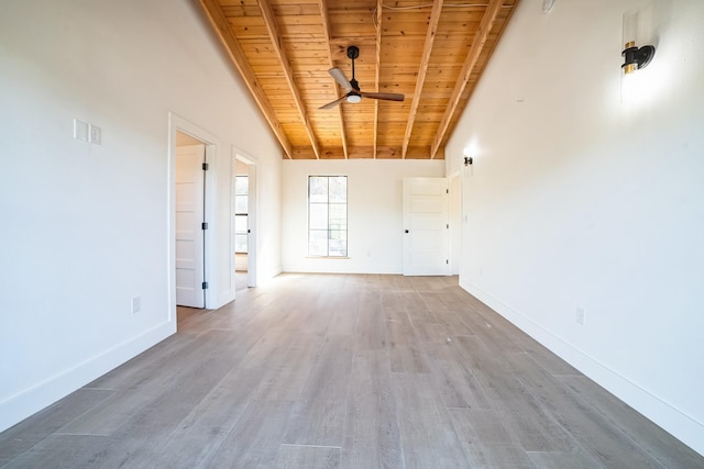 spare room with hardwood / wood-style flooring, ceiling fan, wood ceiling, and vaulted ceiling with beams