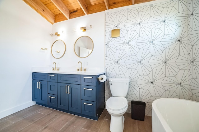 bathroom with vanity, a bathtub, toilet, wooden ceiling, and beam ceiling