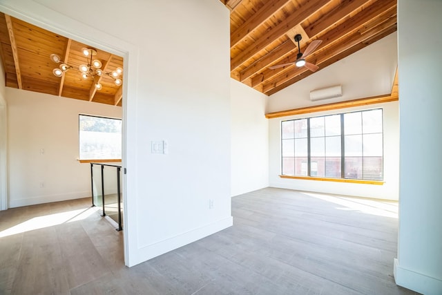 empty room with plenty of natural light, wood-type flooring, and wood ceiling