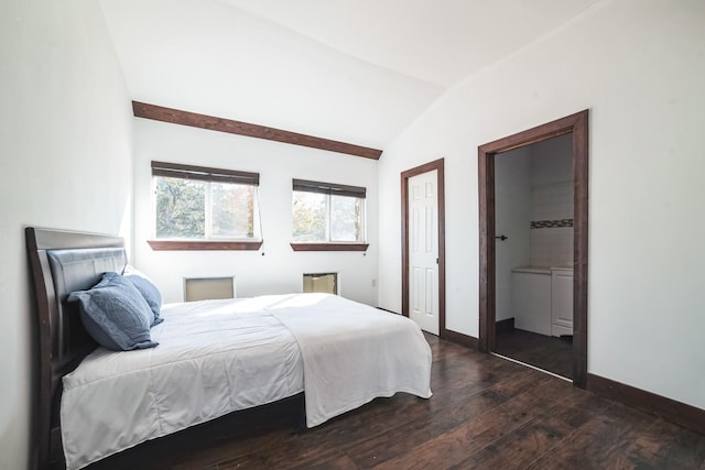 bedroom featuring dark wood-type flooring and lofted ceiling