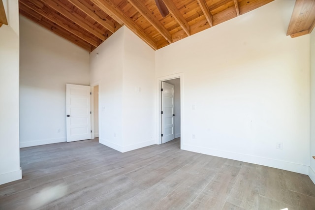 spare room with high vaulted ceiling, light hardwood / wood-style flooring, beam ceiling, and wood ceiling